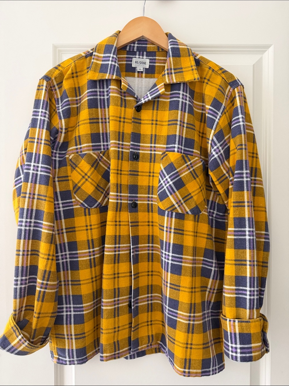 Re/Done Yellow and Purple Plaid Flannel Button Down